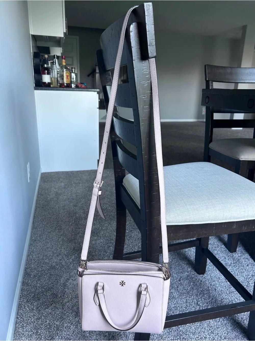 Tory Burch Light Gray Leather Satchel with Blue and Tan Wallet - Picture 2 of 3